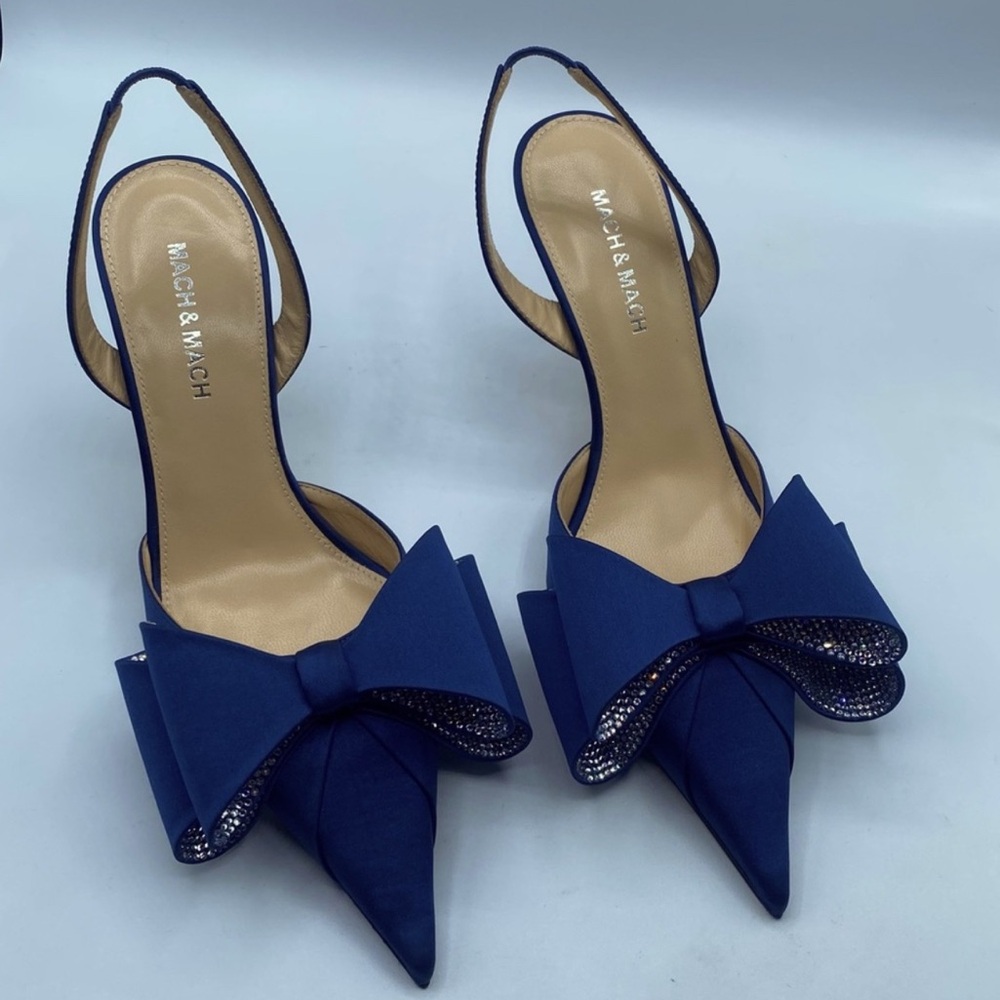 NEW Mach & Mach Le Cadeau Pointed Toe Slingback Pump in Navy Blue